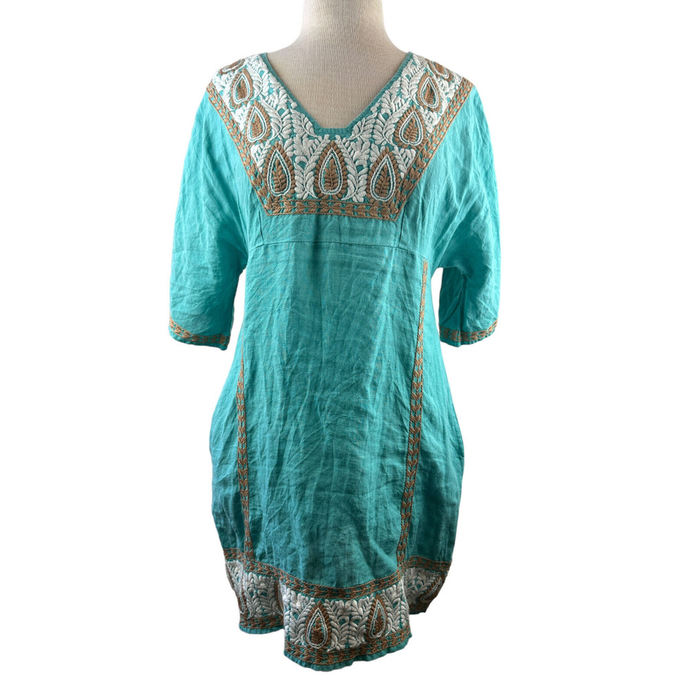 Uncle Frank 100% Linen Embroidered Dress V-Neck Boho Festival Pockets Size Small - Picture 3 of 12